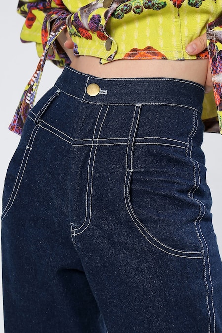 Ekastories_Yellow Denim Collared Coral Brain Print Cropped Jacket_Online_at_Aza_Fashions