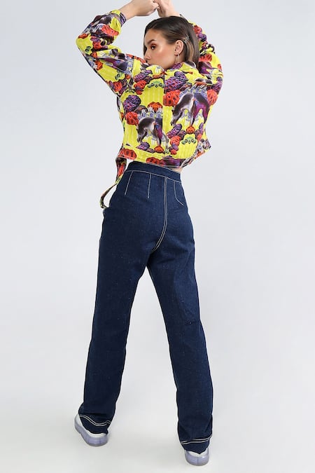 Buy_Ekastories_Yellow Denim Collared Coral Brain Print Cropped Jacket_Online_at_Aza_Fashions