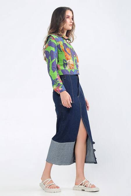 Ekastories_Blue Denim Color Block Front Slit Skirt_Online_at_Aza_Fashions
