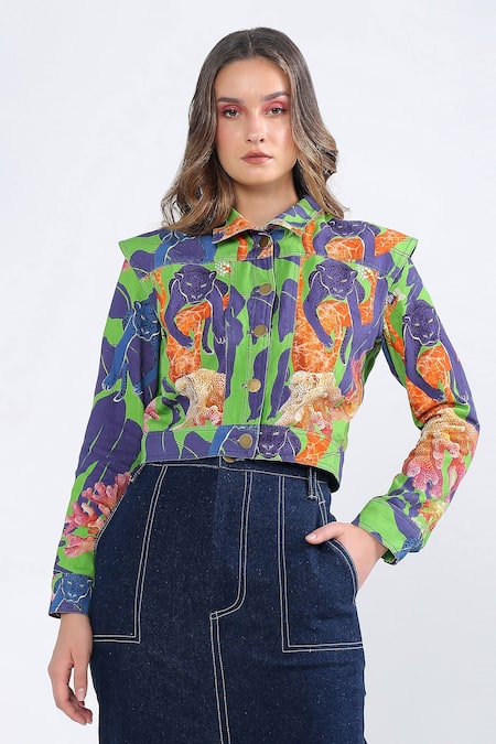 Ekastories_Green Denim Collared Panther Print Jacket_Online_at_Aza_Fashions