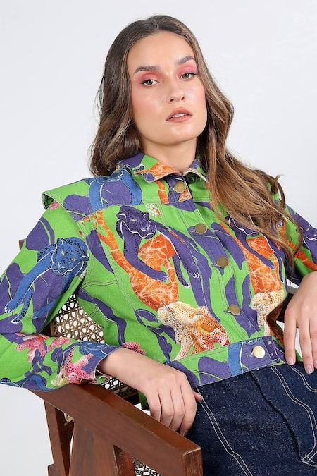 Shop_Ekastories_Green Denim Collared Panther Print Jacket_Online_at_Aza_Fashions