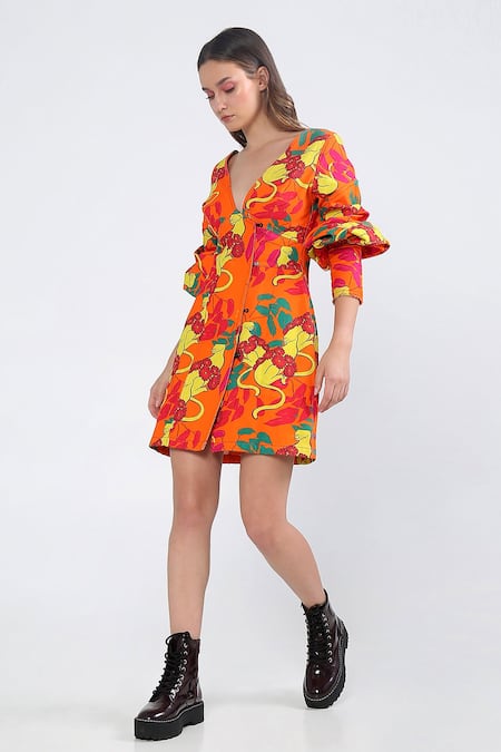 Ekastories_Orange Cotton V-neck Coral Cat Print Dress _Online_at_Aza_Fashions