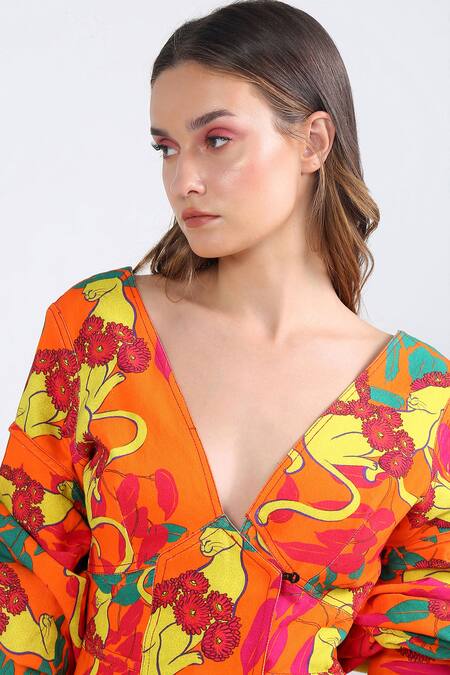 Buy_Ekastories_Orange Cotton V-neck Coral Cat Print Dress _Online_at_Aza_Fashions