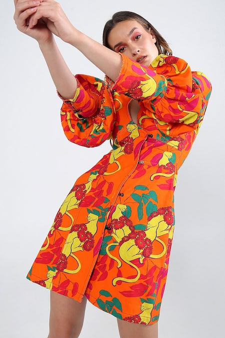 Shop_Ekastories_Orange Cotton V-neck Coral Cat Print Dress _Online_at_Aza_Fashions
