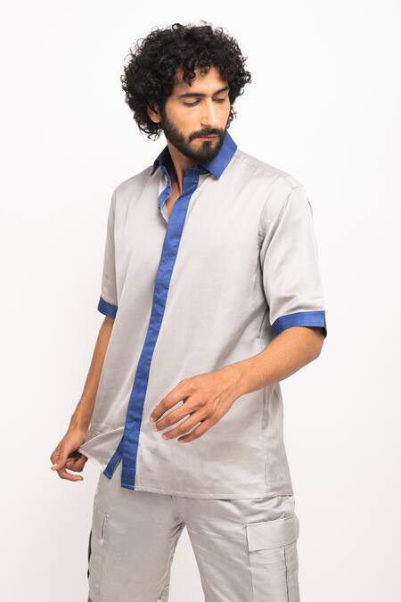 Neora By Nehal Chopra_Grey Contrast Border Shirt _at_Aza_Fashions