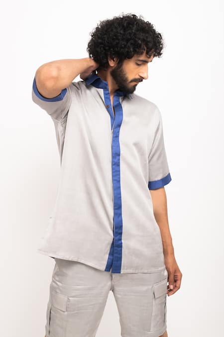 Shop_Neora By Nehal Chopra_Grey Contrast Border Shirt _Online_at_Aza_Fashions