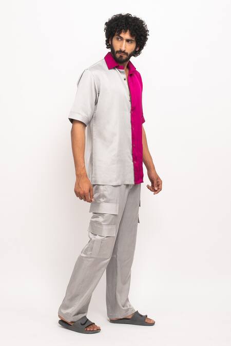 Neora By Nehal Chopra_Grey Silk Colour Block Casual Shirt _Online_at_Aza_Fashions