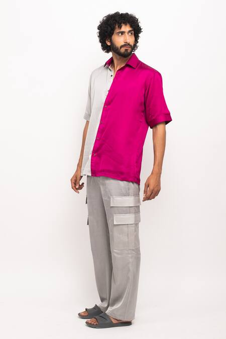Buy_Neora By Nehal Chopra_Grey Silk Colour Block Casual Shirt _Online_at_Aza_Fashions