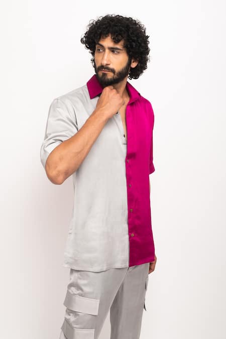 Neora By Nehal Chopra_Grey Silk Colour Block Casual Shirt _at_Aza_Fashions