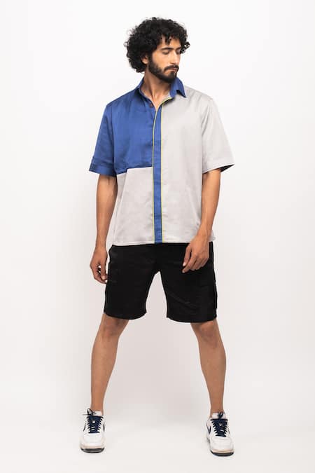 Buy_Neora By Nehal Chopra_Blue Placement Colour Block Shirt _Online_at_Aza_Fashions