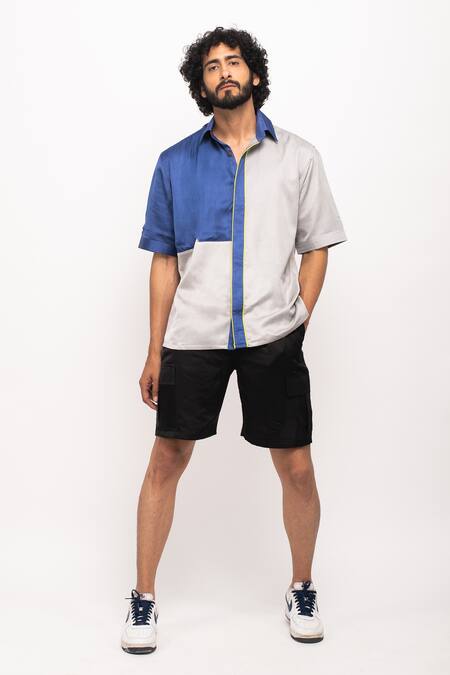 Shop_Neora By Nehal Chopra_Blue Placement Colour Block Shirt _Online_at_Aza_Fashions