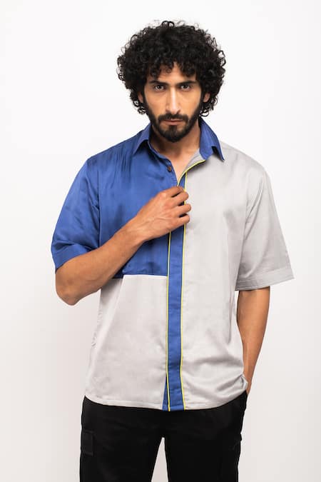 Neora By Nehal Chopra_Blue Placement Colour Block Shirt _at_Aza_Fashions