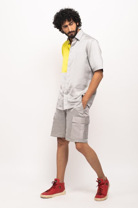 Buy_Neora By Nehal Chopra_Grey Silk Button Down Casual Shirt _Online_at_Aza_Fashions