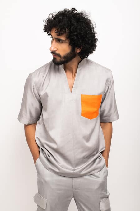 Neora By Nehal Chopra_Grey Chinese Collar Plain Shirt _Online_at_Aza_Fashions