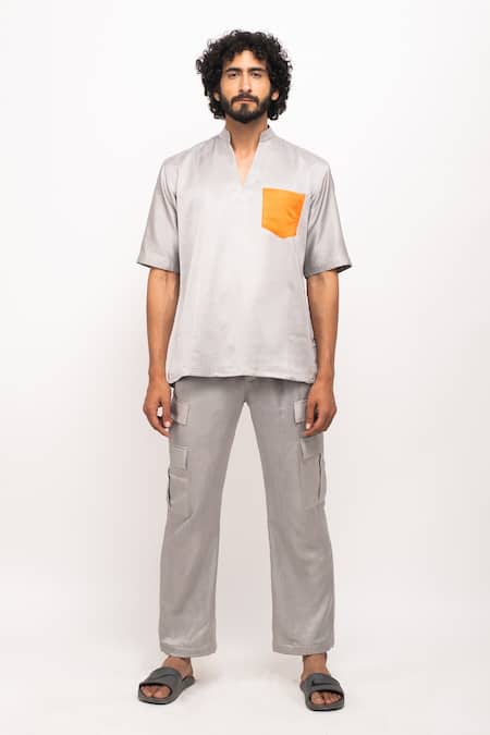 Buy_Neora By Nehal Chopra_Grey Chinese Collar Plain Shirt _Online_at_Aza_Fashions