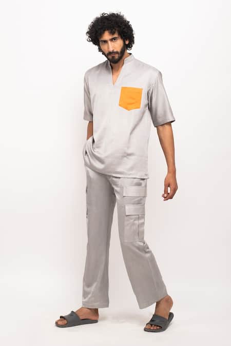 Shop_Neora By Nehal Chopra_Grey Chinese Collar Plain Shirt _Online_at_Aza_Fashions