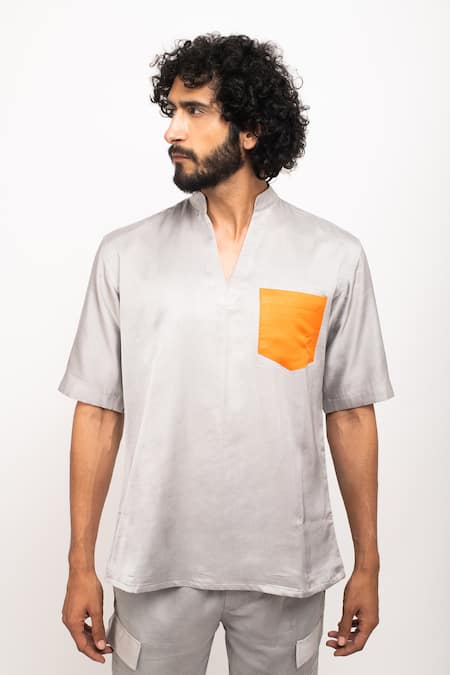 Neora By Nehal Chopra_Grey Chinese Collar Plain Shirt _at_Aza_Fashions