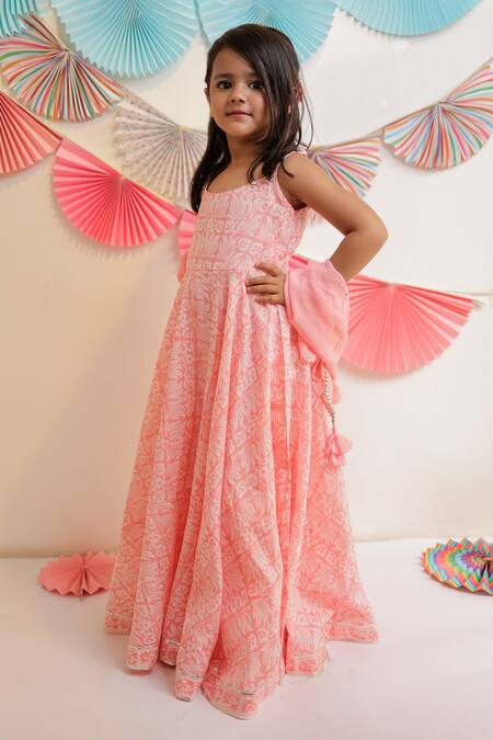 Buy_Tiny Colour_Peach Cotton, Georgette, Muslin Gota Patti, Candy Printed Anarkali With Dupatta_Online_at_Aza_Fashions