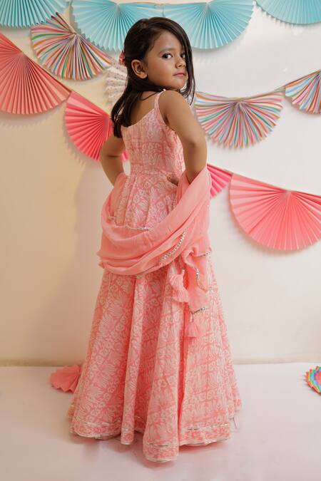 Shop_Tiny Colour_Peach Cotton, Georgette, Muslin Gota Patti, Candy Printed Anarkali With Dupatta_Online_at_Aza_Fashions