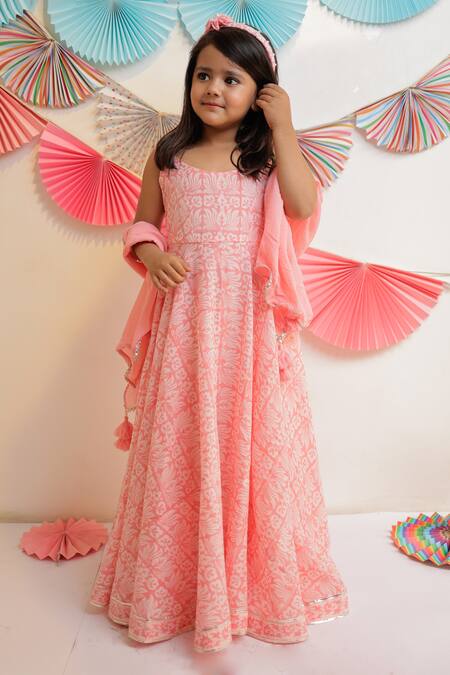 Tiny Colour_Peach Cotton, Georgette, Muslin Gota Patti, Candy Printed Anarkali With Dupatta_at_Aza_Fashions