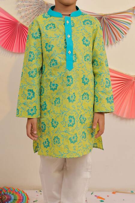 Shop Tiny Colour Green Cotton Embroidery Floral Garden Printed Kurta With Pyjama Online at Aza Fashions Shop_Tiny Colour_Green Cotton Embroidery Floral Garden Printed Kurta With Pyjama _Online_at_Aza_Fashions