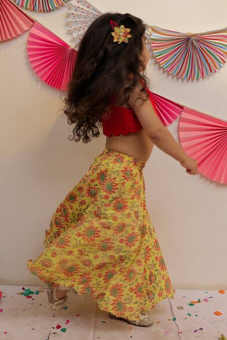 Shop_Tiny Colour_Yellow Cotton, Georgette Sunshine Floral Print Skirt With Contrast Top _Online_at_Aza_Fashions