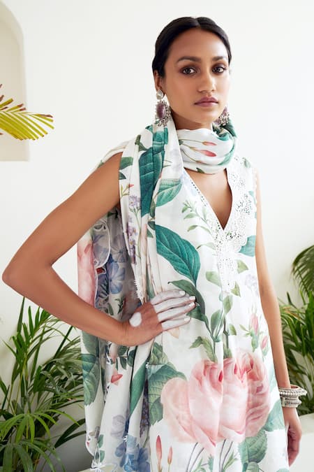 Sage Saga_Ivory Chanderi Lace, Embroidery V-neck May Floral Print Tunic Tulip Salwar Set _at_Aza_Fashions