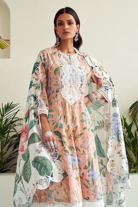 Shop_Sage Saga_Peach Chanderi, Linen, Lace Lace, Blossom Print Panelled Anarkali Palazzo Set _Online_at_Aza_Fashions