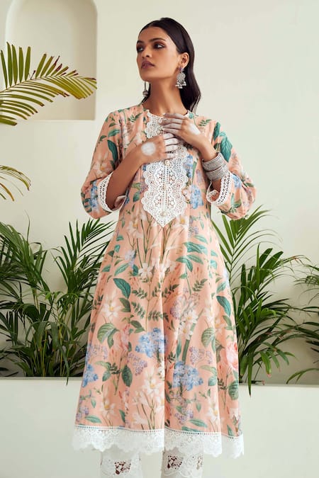 Shop Sage Saga Peach Lace, Cotton Embroidery Round Neck Amaryllis Floral Print Anarkali Online at Aza Fashions Shop_Sage Saga_Peach Lace, Cotton Embroidery Round Neck Amaryllis Floral Print Anarkali _Online_at_Aza_Fashions