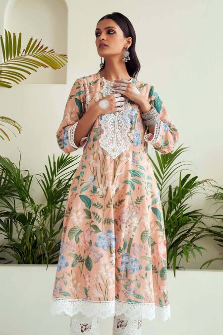 Sage Saga_Peach Chanderi, Linen, Lace Lace, Blossom Print Panelled Anarkali Palazzo Set _at_Aza_Fashions