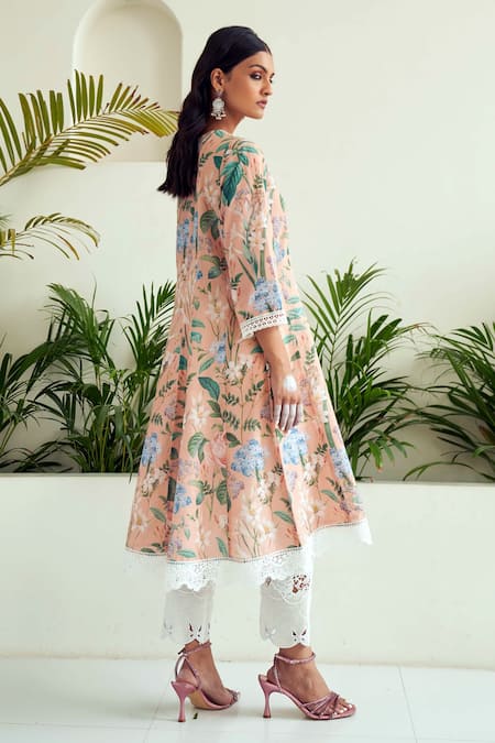 Buy_Sage Saga_Peach Chanderi, Linen, Lace Lace, Blossom Print Panelled Anarkali Palazzo Set 
