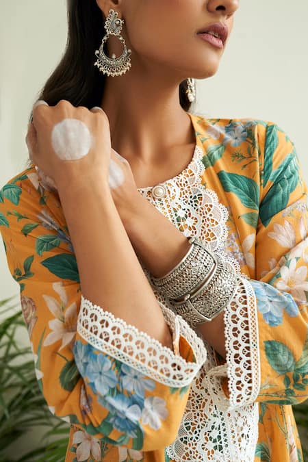 Shop Sage Saga Yellow Chanderi, Lace Lace, Pearls, Cut Work Botanic Print Anarkali Palazzo Set Online at Aza Fashions Shop_Sage Saga_Yellow Chanderi, Lace Lace, Pearls, Cut Work Botanic Print Anarkali Palazzo Set _Online_at_Aza_Fashions