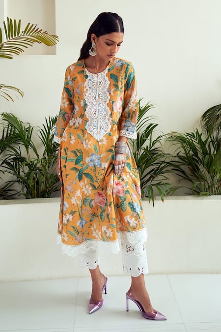Buy Sage Saga Yellow Chanderi, Lace Lace, Pearls, Cut Work Botanic Print Anarkali Palazzo Set Buy_Sage Saga_Yellow Chanderi, Lace Lace, Pearls, Cut Work Botanic Print Anarkali Palazzo Set