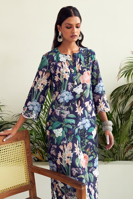 Buy Sage Saga Blue Lace Round Neck Butterfly Pattern Kurta Online at Aza Fashions Buy_Sage Saga_Blue Lace Round Neck Butterfly Pattern Kurta _Online_at_Aza_Fashions