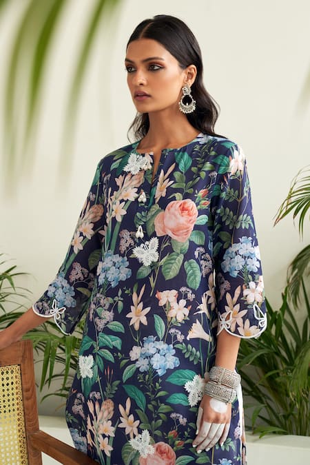 Shop Sage Saga Blue Lace Round Neck Butterfly Pattern Kurta Online at Aza Fashions Shop_Sage Saga_Blue Lace Round Neck Butterfly Pattern Kurta _Online_at_Aza_Fashions