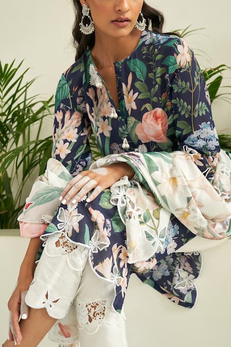 Buy_Sage Saga_Blue Chanderi, Linen Pearls, Iris Floral Print Straight Kurta Palazzo Set 