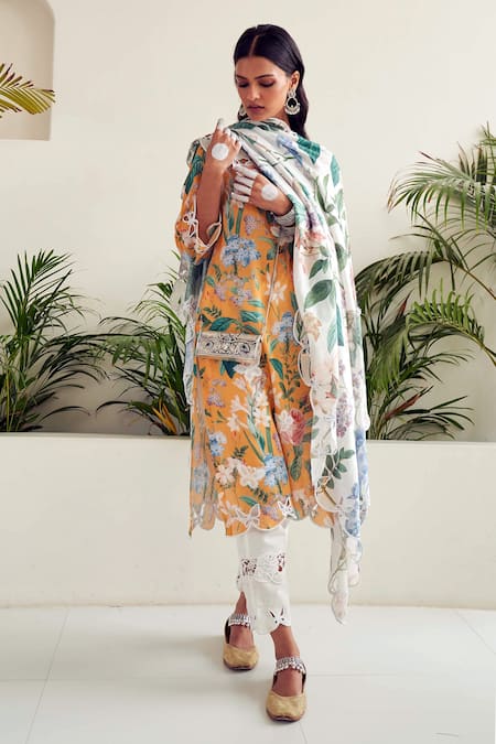 Shop Sage Saga Yellow Linen, Chanderi, Cotton Freesia Floral Print Kurta Palazzo Set Online at Aza Fashions Shop_Sage Saga_Yellow Linen, Chanderi, Cotton Freesia Floral Print Kurta Palazzo Set _Online_at_Aza_Fashions