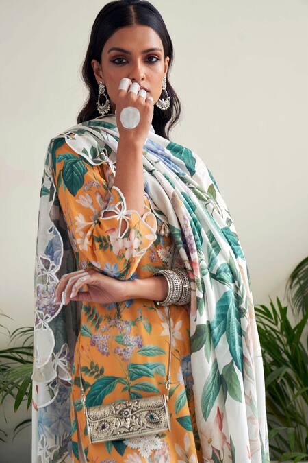 Sage Saga Yellow Linen, Chanderi, Cotton Freesia Floral Print Kurta Palazzo Set at Aza Fashions Sage Saga_Yellow Linen, Chanderi, Cotton Freesia Floral Print Kurta Palazzo Set _at_Aza_Fashions