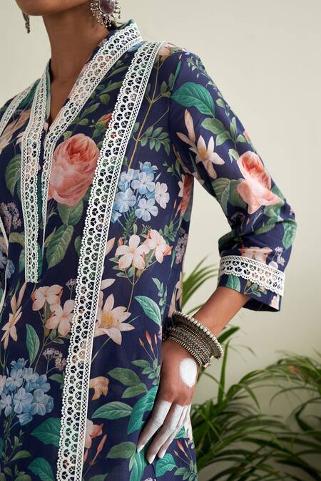 Shop Sage Saga Blue Linen Embroidery, Lace V-neck Iris Floral Print Tunic Online at Aza Fashions Shop_Sage Saga_Blue Linen Embroidery, Lace V-neck Iris Floral Print Tunic _Online_at_Aza_Fashions