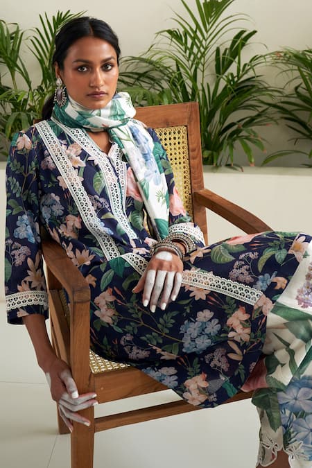 Sage Saga Blue Chanderi Embroidery, Lace V-neck Iris Floral Print Tunic Tulip Salwar Set at Aza Fashions Sage Saga_Blue Chanderi Embroidery, Lace V-neck Iris Floral Print Tunic Tulip Salwar Set _at_Aza_Fashions