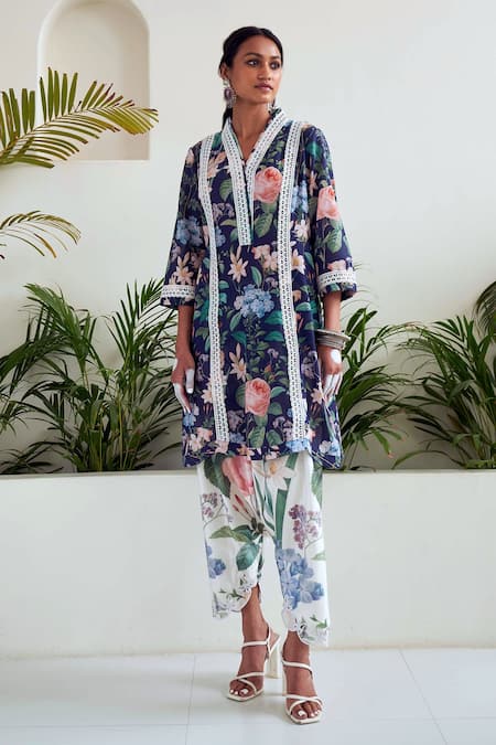 Sage Saga Blue Linen Embroidery, Lace V-neck Iris Floral Print Tunic at Aza Fashions Sage Saga_Blue Linen Embroidery, Lace V-neck Iris Floral Print Tunic _at_Aza_Fashions