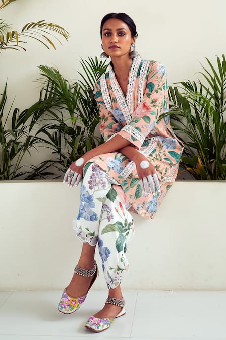 Sage Saga Peach Linen, Chanderi Embroidery Amaryllis Floral Print Tunic Tulip Salwar Set at Aza Fashions Sage Saga_Peach Linen, Chanderi Embroidery Amaryllis Floral Print Tunic Tulip Salwar Set _at_Aza_Fashions