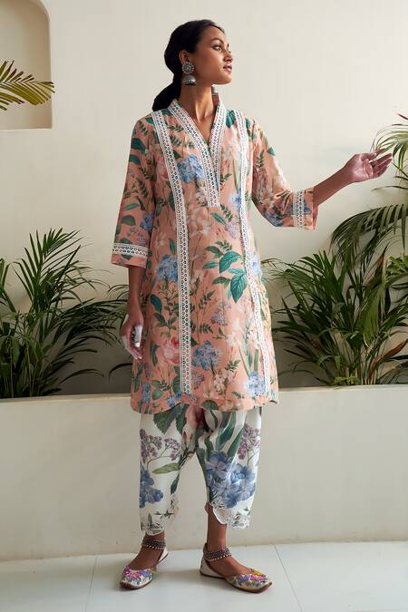 Buy Sage Saga Peach Linen, Chanderi Embroidery Amaryllis Floral Print Tunic Tulip Salwar Set Buy_Sage Saga_Peach Linen, Chanderi Embroidery Amaryllis Floral Print Tunic Tulip Salwar Set