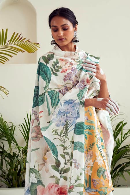 Shop Sage Saga Yellow Lace, Chanderi Lace, Freesia Floral Print Tunic Tulip Salwar Set Online at Aza Fashions Shop_Sage Saga_Yellow Lace, Chanderi Lace, Freesia Floral Print Tunic Tulip Salwar Set _Online_at_Aza_Fashions