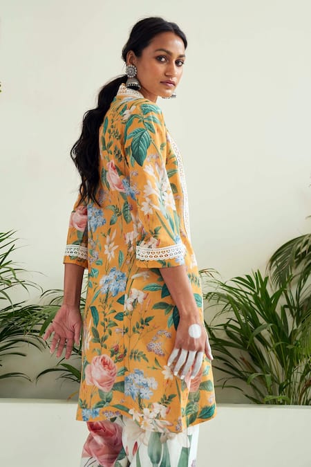 Shop Sage Saga Yellow Linen Embroidery V-neck Freesia Floral Print Tunic Online at Aza Fashions Shop_Sage Saga_Yellow Linen Embroidery V-neck Freesia Floral Print Tunic _Online_at_Aza_Fashions