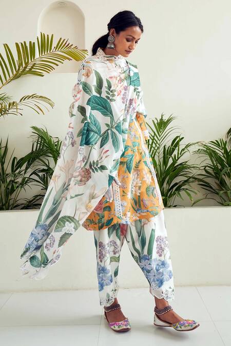 Sage Saga Yellow Lace, Chanderi Lace, Freesia Floral Print Tunic Tulip Salwar Set at Aza Fashions Sage Saga_Yellow Lace, Chanderi Lace, Freesia Floral Print Tunic Tulip Salwar Set _at_Aza_Fashions