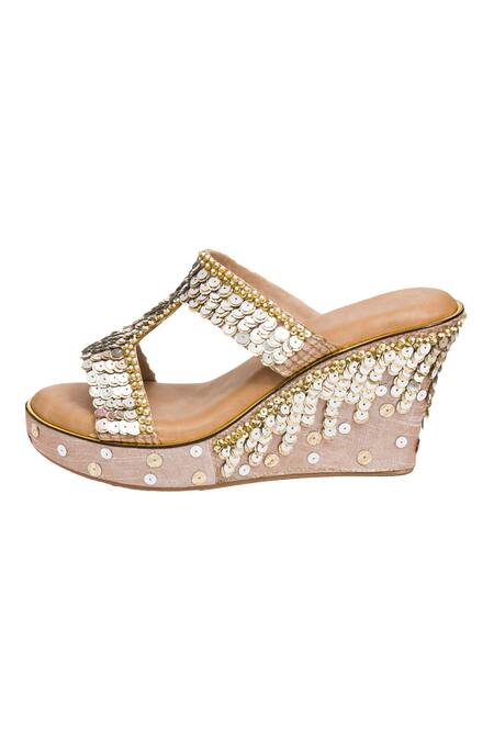 Kkarma Accessories_Pink Sequins Madhubani Work Wedges_Online_at_Aza_Fashions