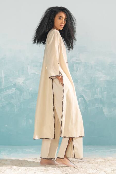 Shop_Ikai By Ragini Ahuja_Beige Cotton, Silk, Chanderi Applique Round Neck Nile Work Kurta_Online_at_Aza_Fashions