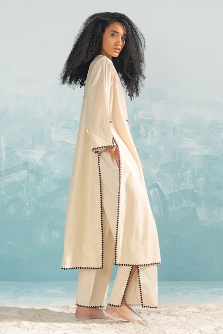 Shop_Ikai By Ragini Ahuja_Beige 100% Cotton Embroidery Applique And Cutwork Nile Slit Pant  _Online_at_Aza_Fashions