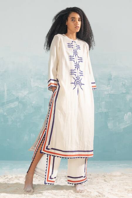 Ikai By Ragini Ahuja_Ivory Cotton Cut Work, Applique Nile Cut-work Detailed Pant_Online_at_Aza_Fashions